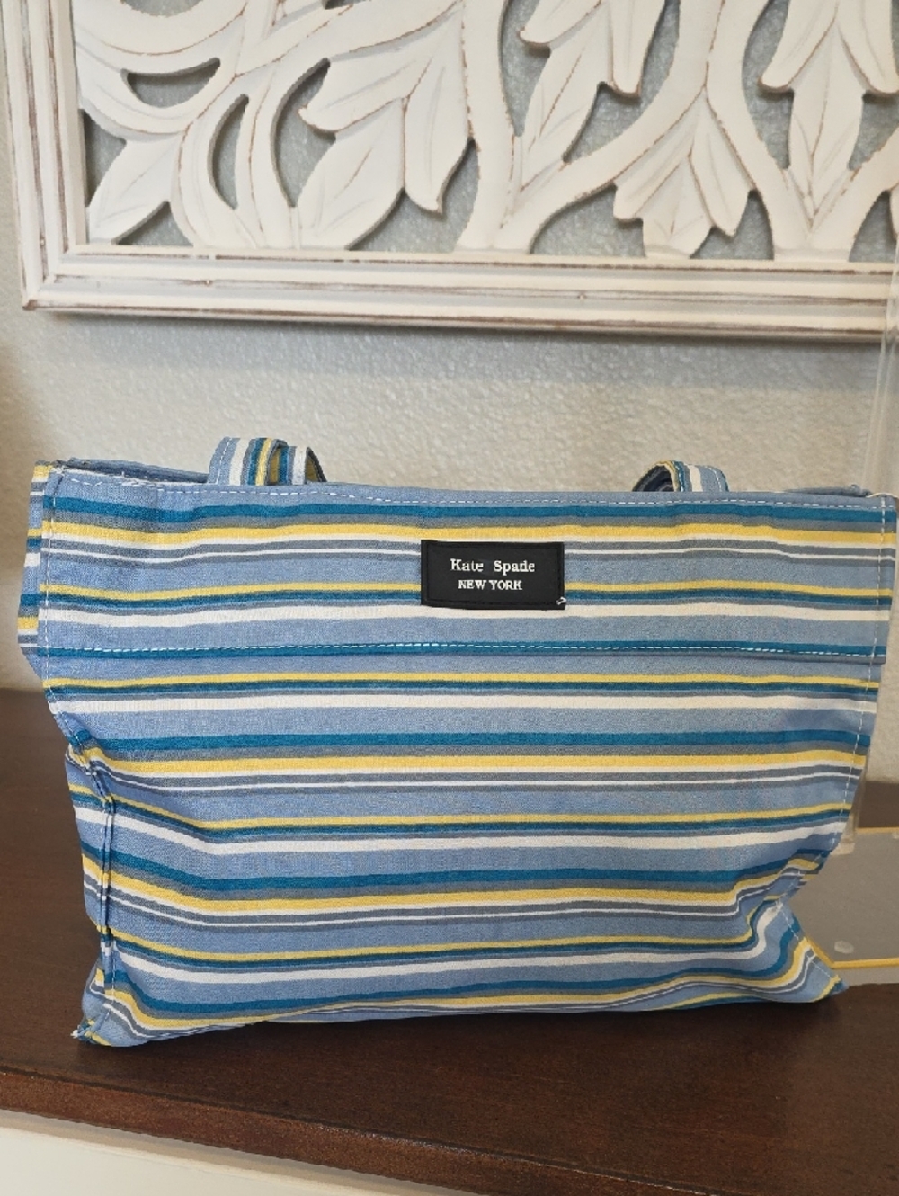 Kate Spade Striped Blue and Yellow Canvas Tote Small (P23) - Picture 6 of 9